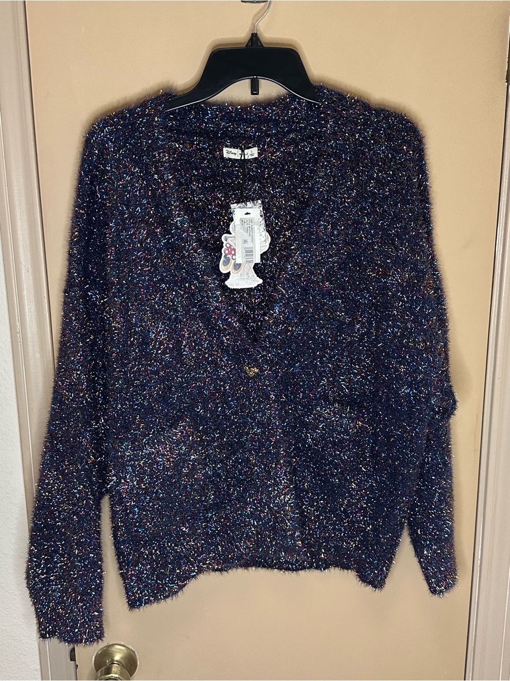 Disney Cozy Metallic Navy Fuzzy Cardigan Sweater